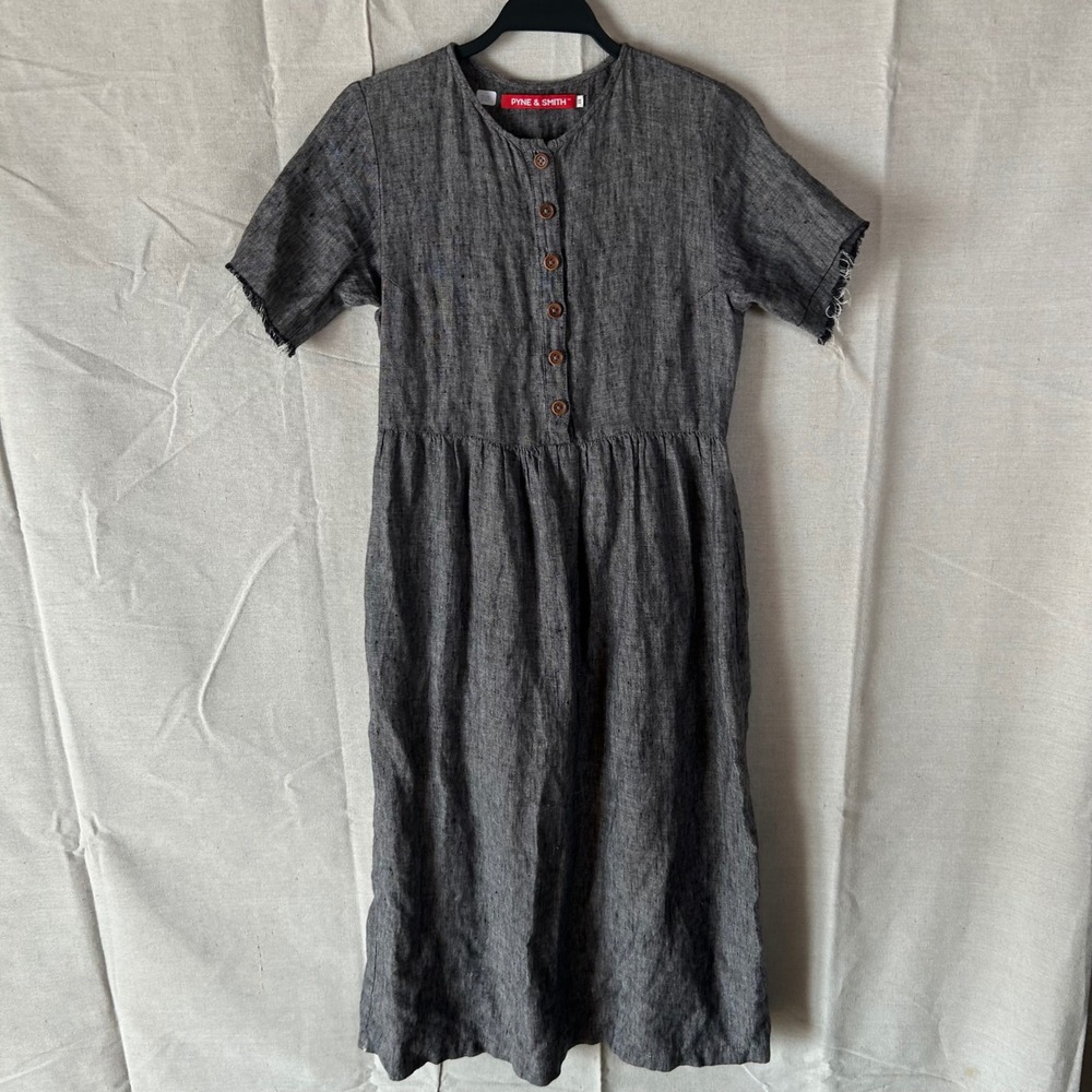 Pyne & Smith Linen Button Front‎ Midi Dress XS Grey Short Sleeve Tie Back